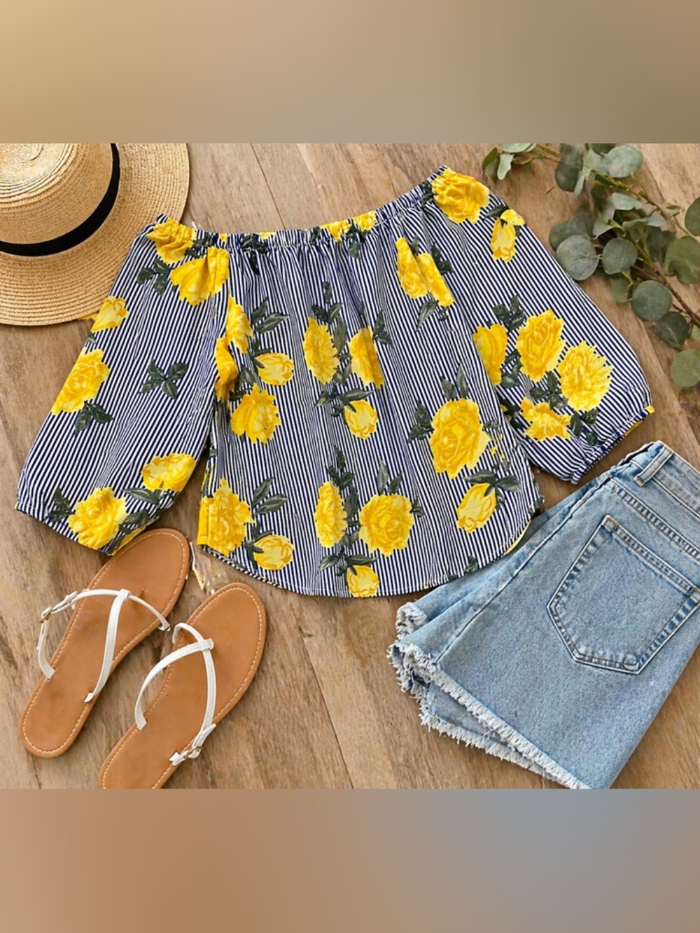 Blush Off Shoulder Floral Top Yellow Blue Stripe Boho Peasant Blouse Size S